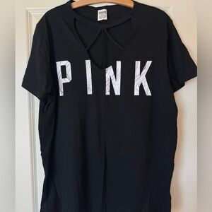 PINK Victoria's Secret Black Short Sleeve Tee with Crisscross Neck